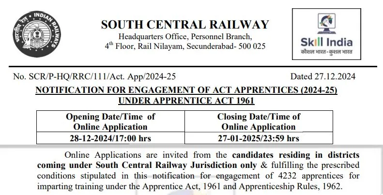 South Central Railway Apprentice Recruitment 2025